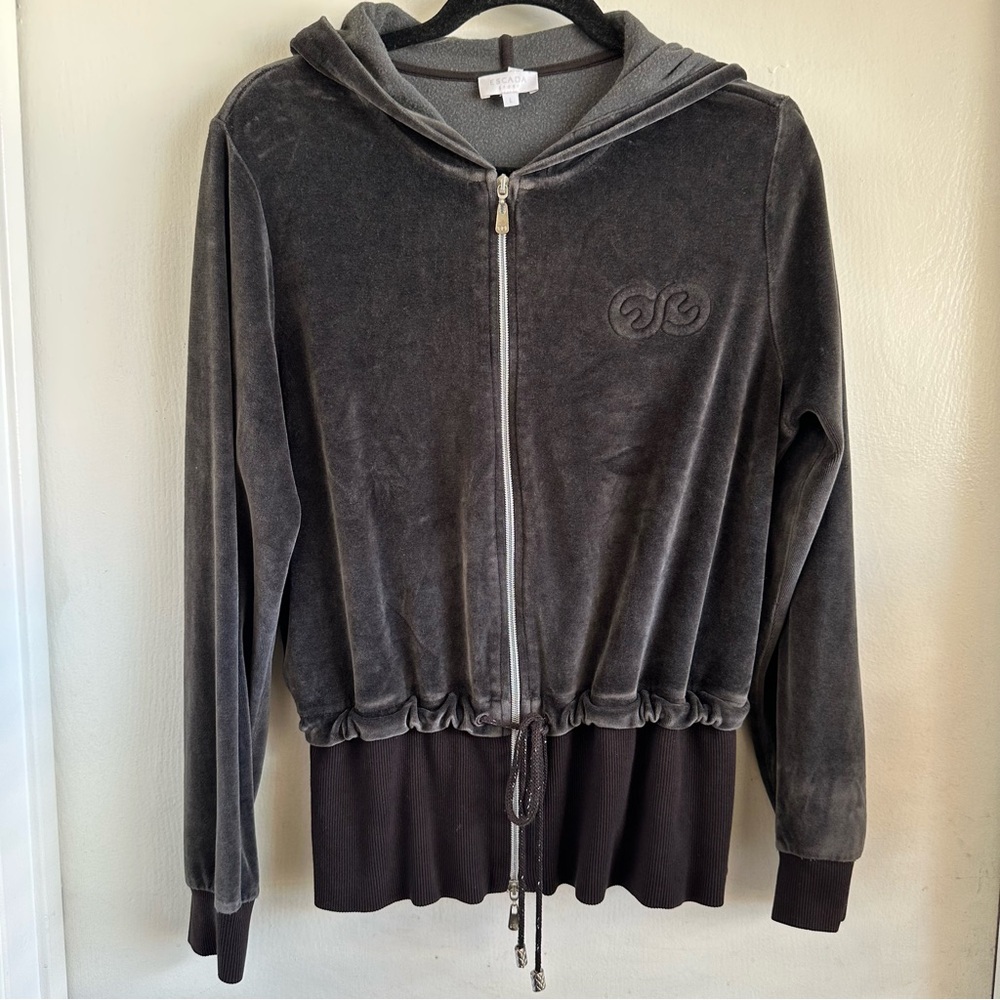 Escada Charcoal Soft Velour Full-Zip Hoodie w Adjustable Waist         Sz. L